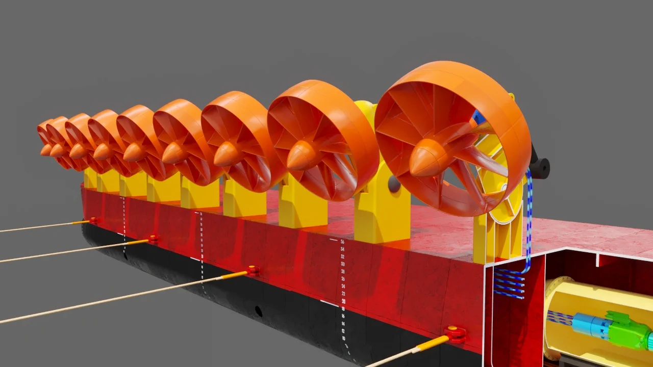 DOCGEN POWER converted vessel platform — full turbine array installed along deck with cutaway view of internal generator capsule and hydraulic system