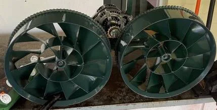 DOCGEN Green Frog prototype — two physical turbine rotors with multi-vaned blades and central hub, bench-tested proof of concept prior to ocean deployment