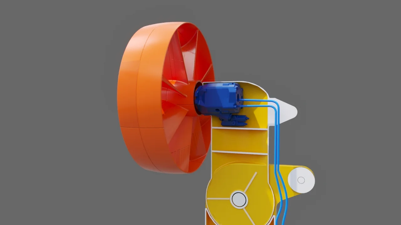 DOCGEN POWER turbine unit — Internal view showing multi-vaned rotor, hydraulic pump assembly and blue hydraulic lines