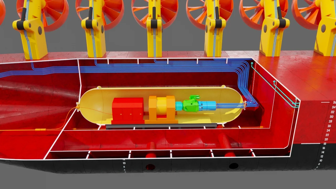DOCGEN POWER platform interior — top-down view of vessel hull cutaway showing generator capsule and hydraulic pipework