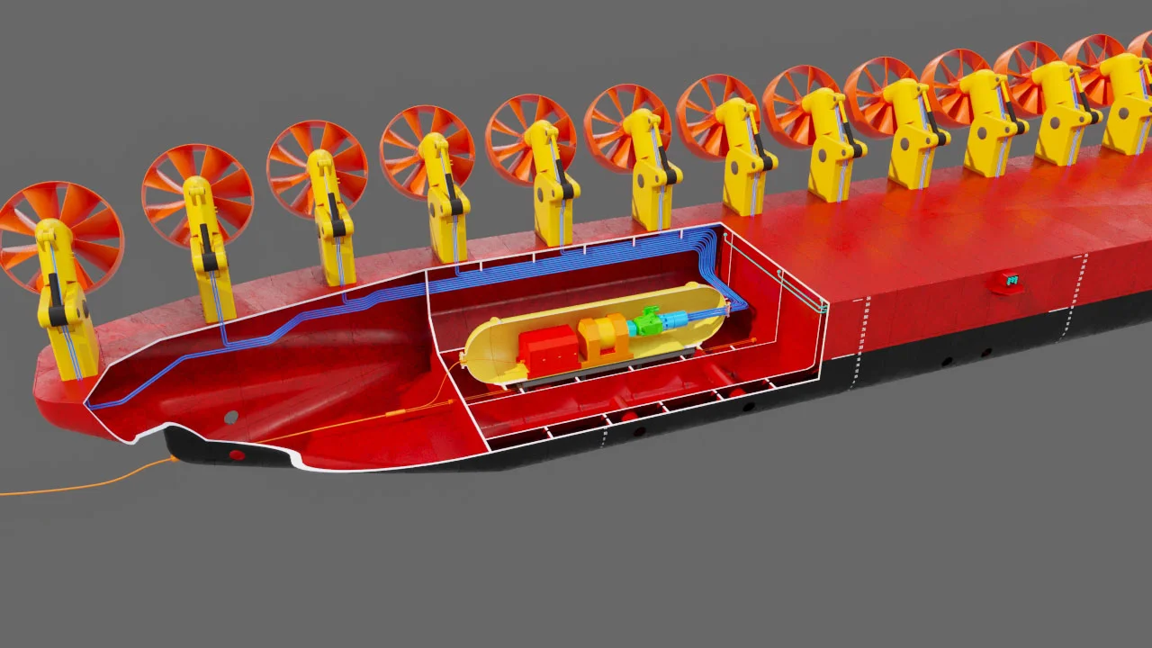 DOCGEN POWER full system overview — converted vessel with turbine array on deck and hull cutaway revealing internal generator capsule and hydraulic distribution system
