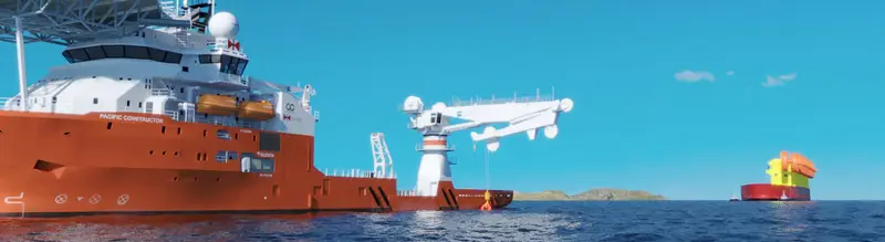 DOCGEN POWER deep ocean current generator — marine installation vessel alongside converted platform with ROV deployment crane, ocean deployment operation