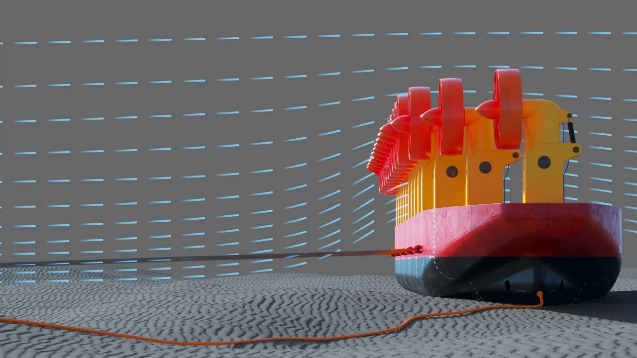 Turbine array with current flow and cable
